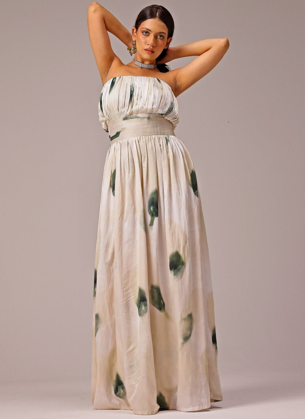Studio Surbhi Ivory Printed Satin Maxi DressFabilicious Fashion