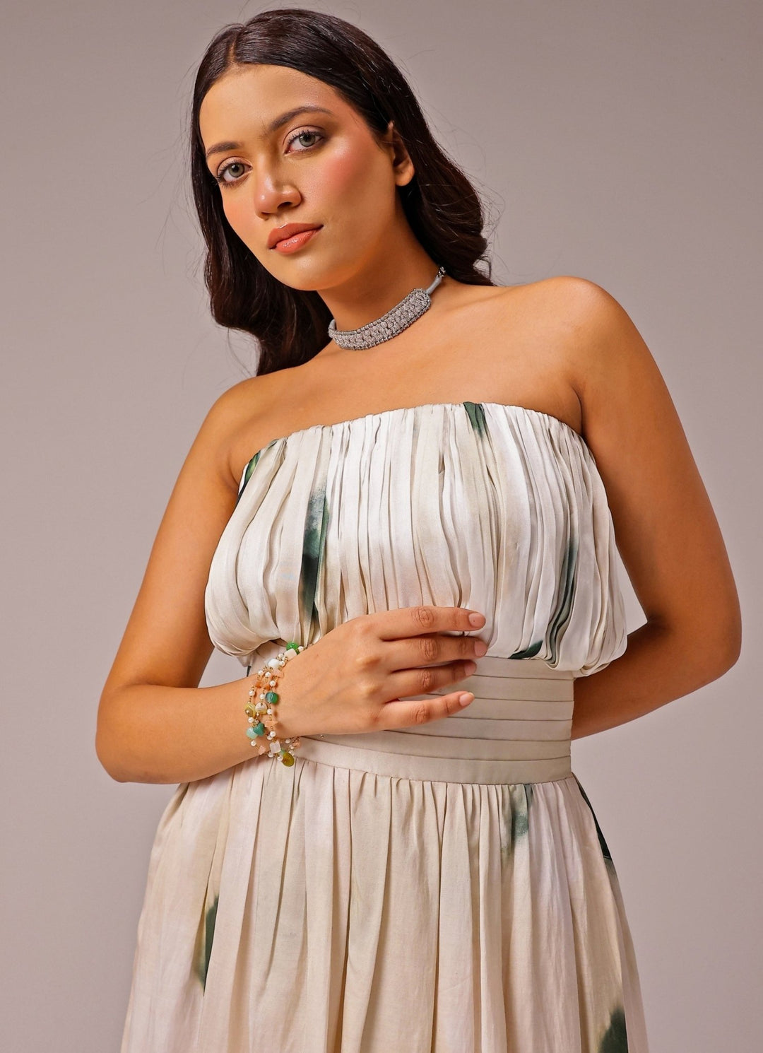 Studio Surbhi Ivory Printed Satin Maxi DressFabilicious Fashion