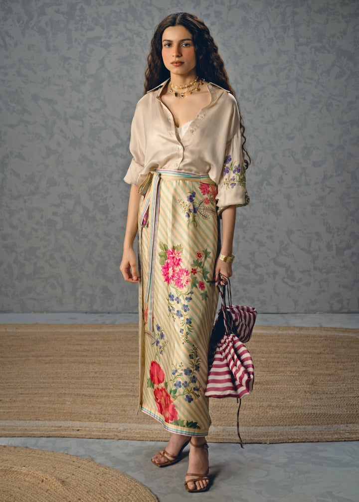 Ivory Printed Satin Skirt Set Paulmi and Harsh X Ease - Fabilicious Fashion