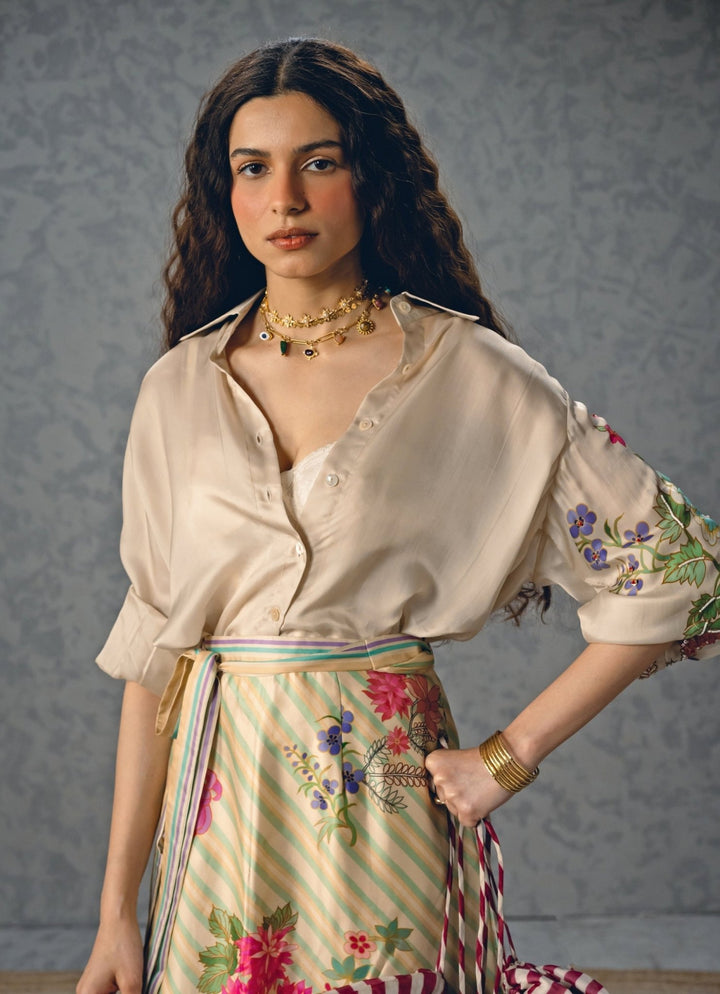 Ivory Printed Satin Skirt Set Paulmi and Harsh X Ease - Fabilicious Fashion