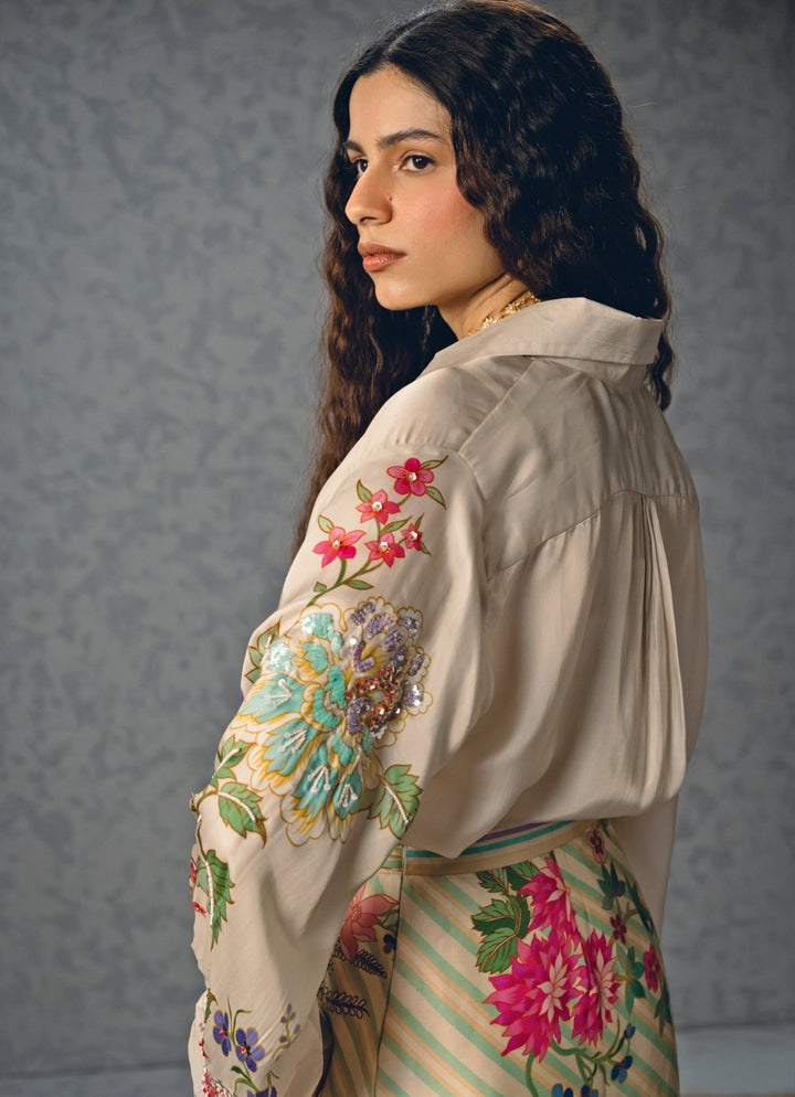 Ivory Printed Satin Skirt Set Paulmi and Harsh X Ease - Fabilicious Fashion