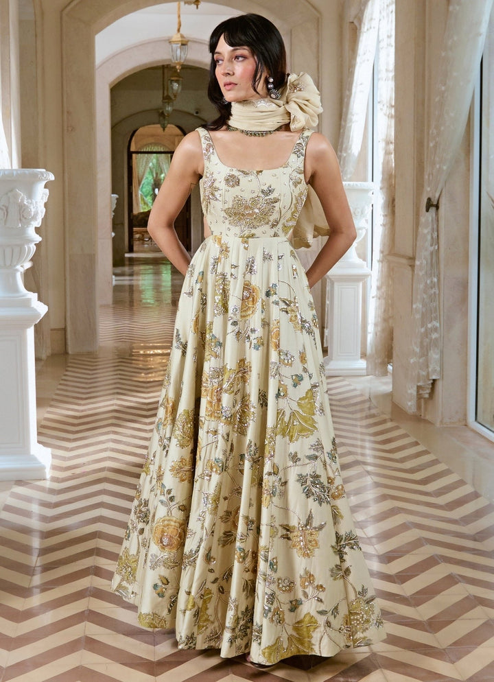 Ivory Printed Silk Anarkali Set Paulmi and Harsh - Fabilicious Fashion