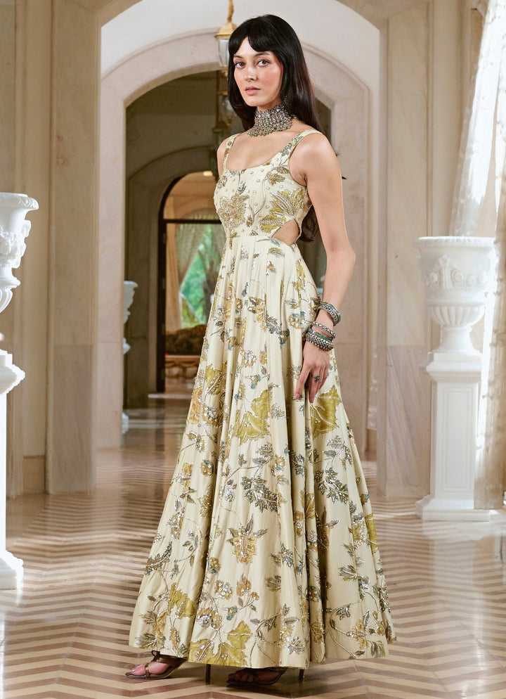 Ivory Printed Silk Anarkali Set Paulmi and Harsh - Fabilicious Fashion