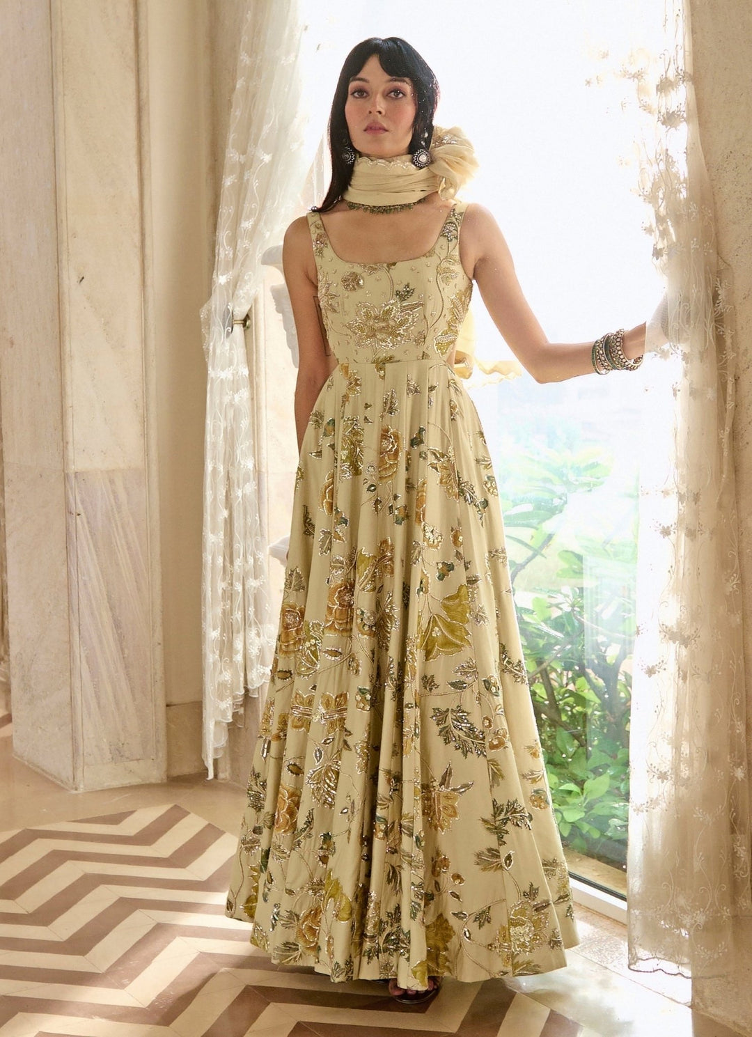 Ivory Printed Silk Anarkali Set Paulmi and Harsh - Fabilicious Fashion