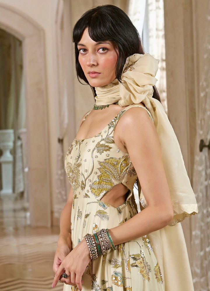 Ivory Printed Silk Anarkali Set Paulmi and Harsh - Fabilicious Fashion