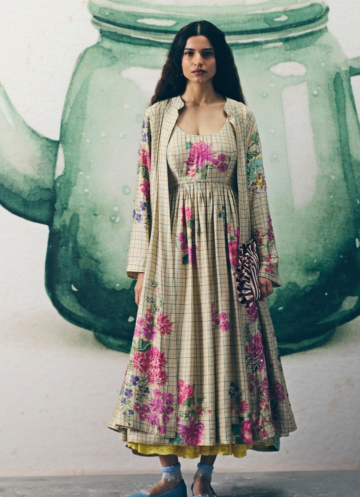 Ivory Printed Silk Dress With Jacket Paulmi and Harsh X Ease - Fabilicious Fashion