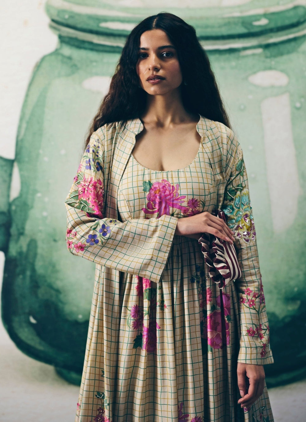 Ivory Printed Silk Dress With Jacket Paulmi and Harsh X Ease - Fabilicious Fashion