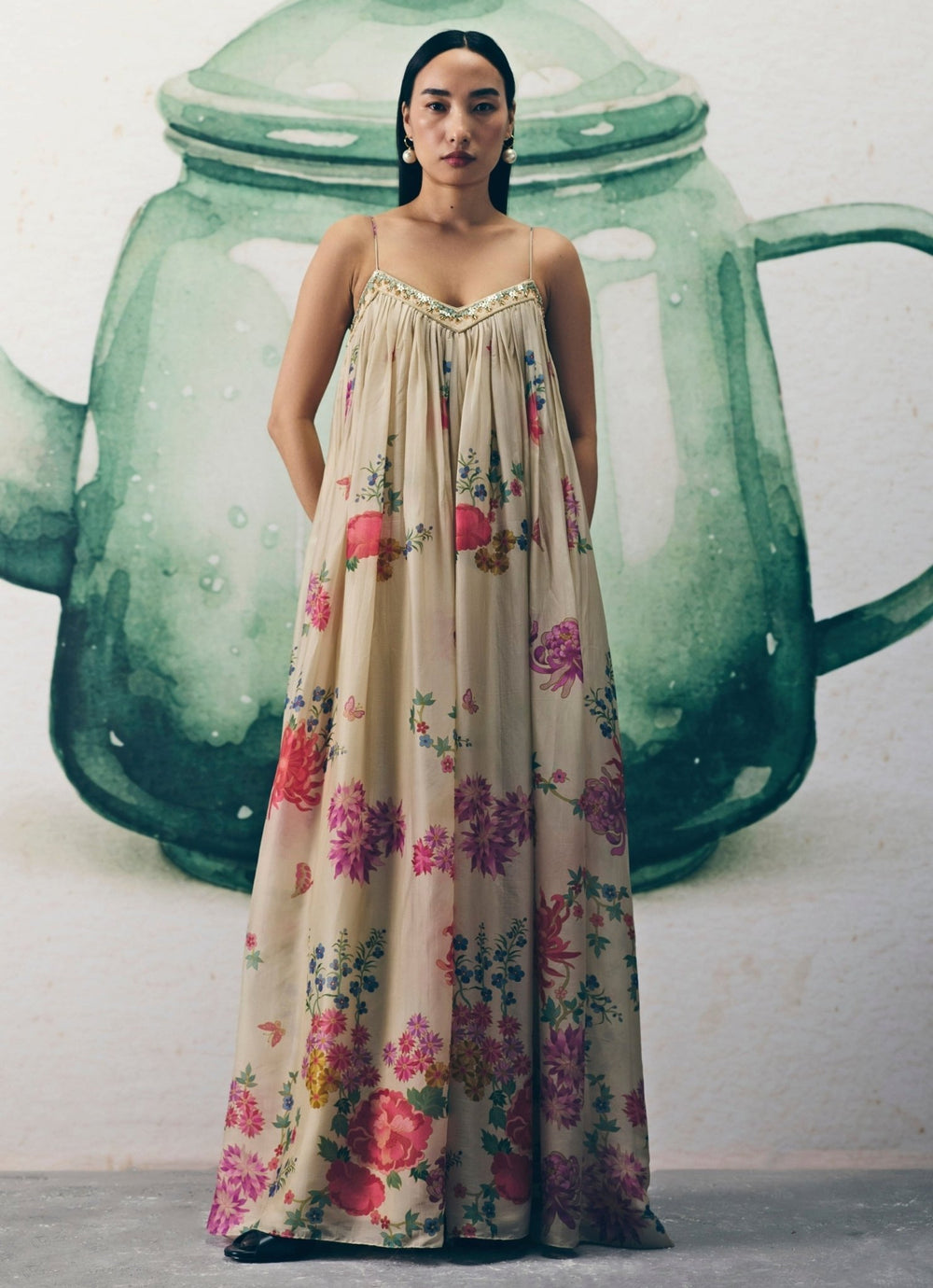 Ivory Printed Silk Flared Jumpsuit With Jacket Paulmi and Harsh X Ease - Fabilicious Fashion