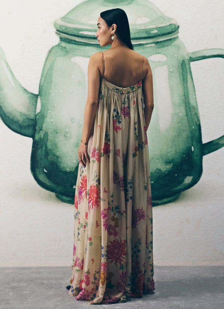 Ivory Printed Silk Flared Jumpsuit With Jacket Paulmi and Harsh X Ease - Fabilicious Fashion