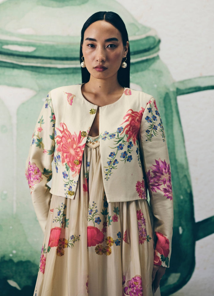 Ivory Printed Silk Flared Jumpsuit With Jacket Paulmi and Harsh X Ease - Fabilicious Fashion