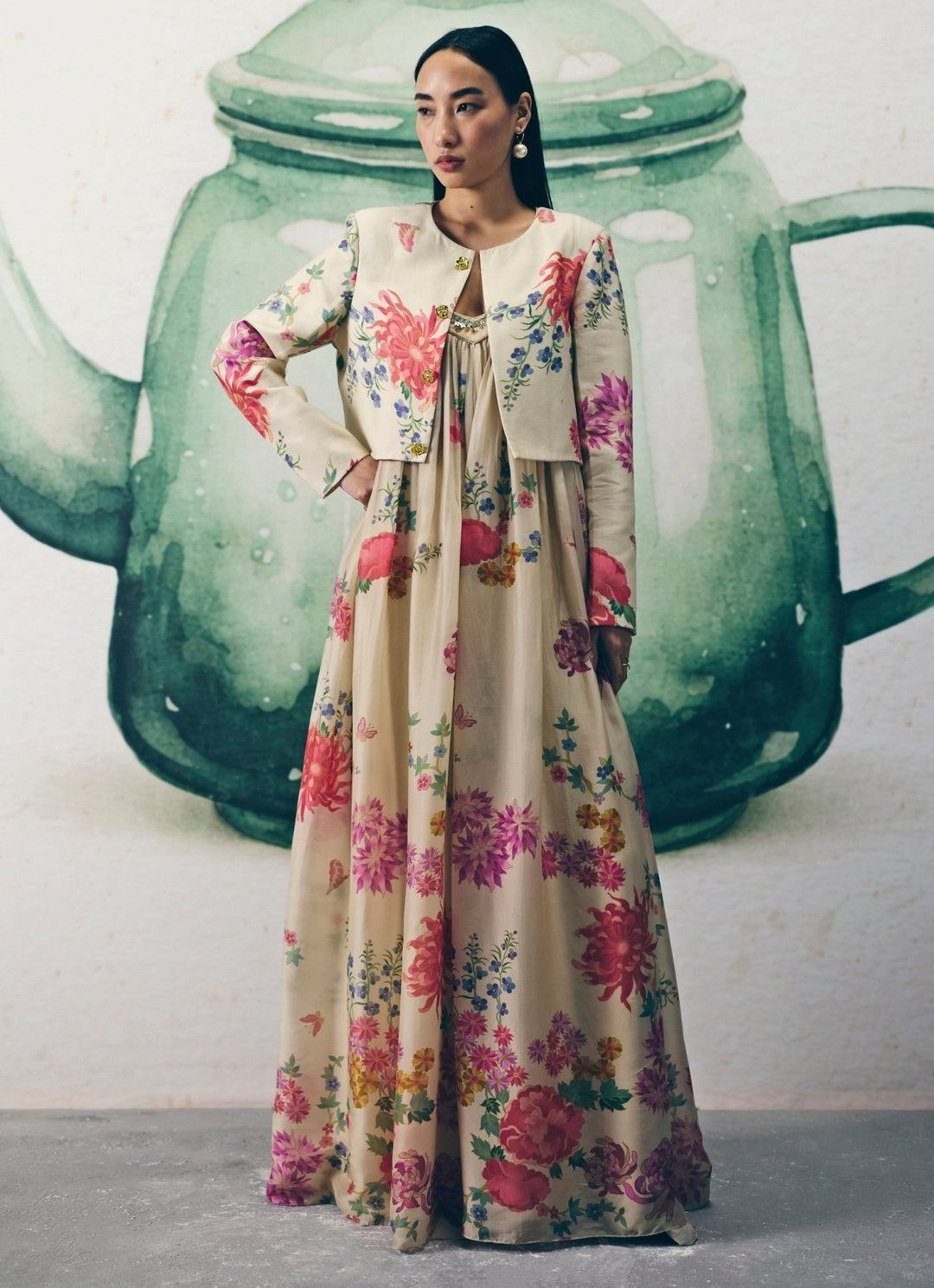 Ivory Printed Silk Flared Jumpsuit With Jacket Paulmi and Harsh X Ease - Fabilicious Fashion