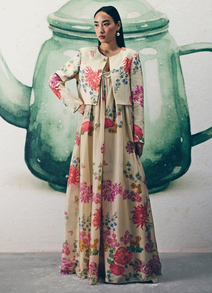 Ivory Printed Silk Flared Jumpsuit With Jacket Paulmi and Harsh X Ease - Fabilicious Fashion