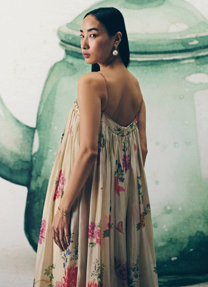Ivory Printed Silk Flared Jumpsuit With Jacket Paulmi and Harsh X Ease - Fabilicious Fashion