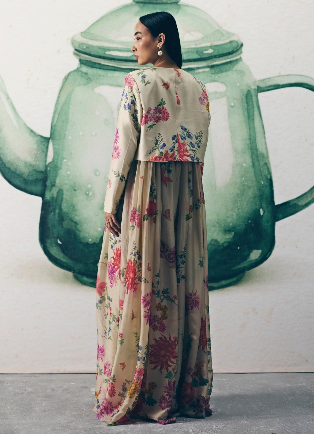 Ivory Printed Silk Flared Jumpsuit With Jacket Paulmi and Harsh X Ease - Fabilicious Fashion
