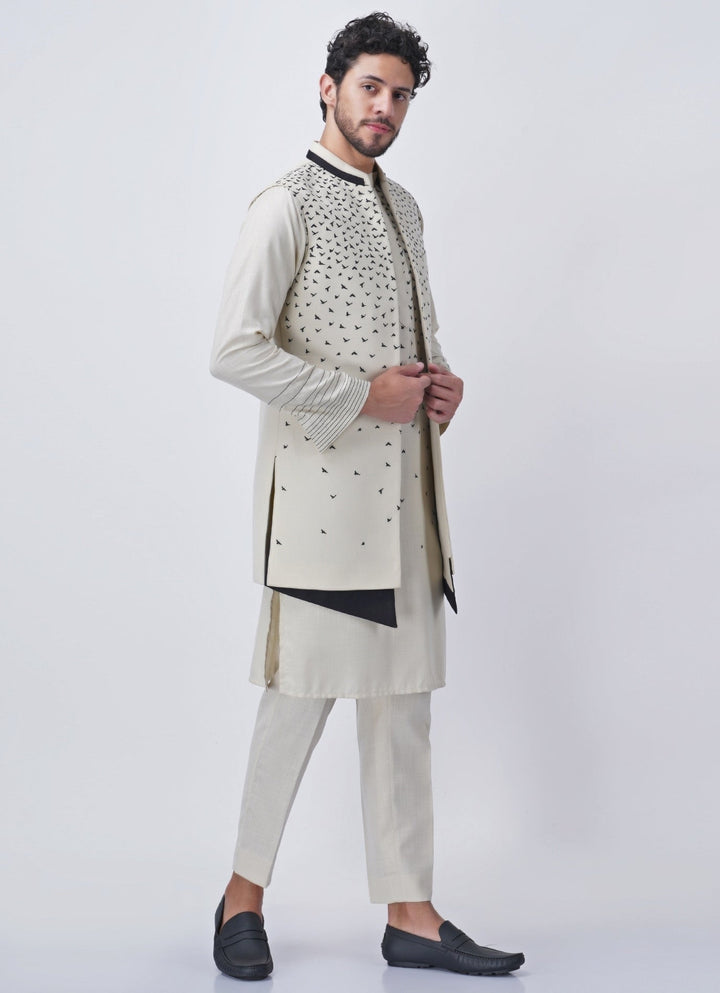 Ivory Printed Silk Kurta Jacket Set Manish Nagdeo Men - Fabilicious Fashion