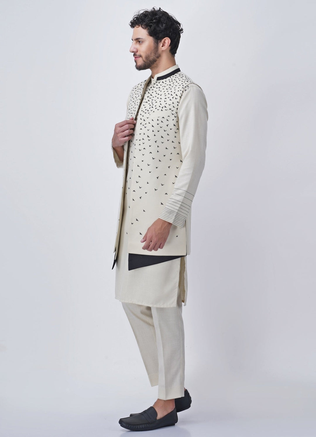 Ivory Printed Silk Kurta Jacket Set Manish Nagdeo Men - Fabilicious Fashion