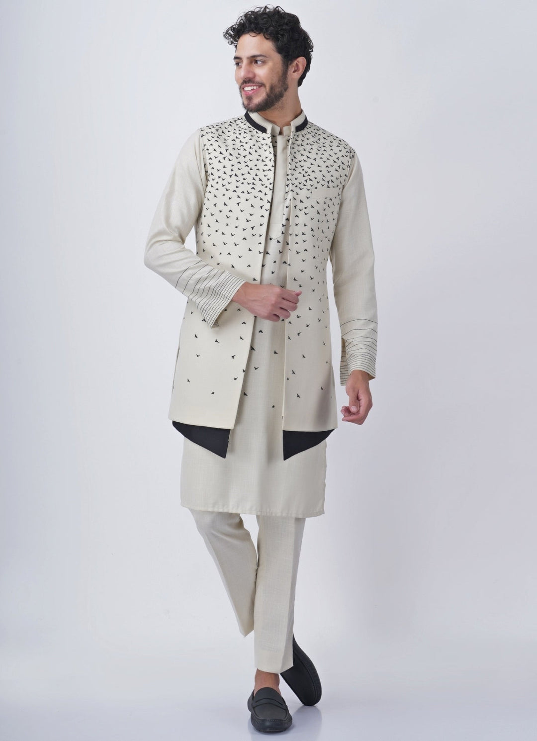Ivory Printed Silk Kurta Jacket Set Manish Nagdeo Men - Fabilicious Fashion