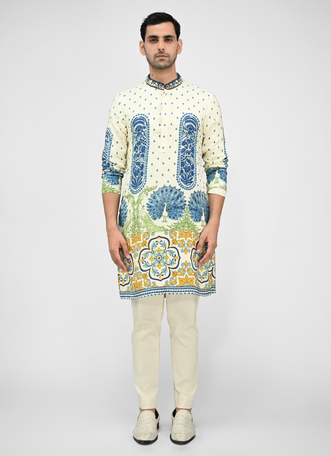 Ivory Printed Silk Kurta Juhi Bengani - Men - Fabilicious Fashion