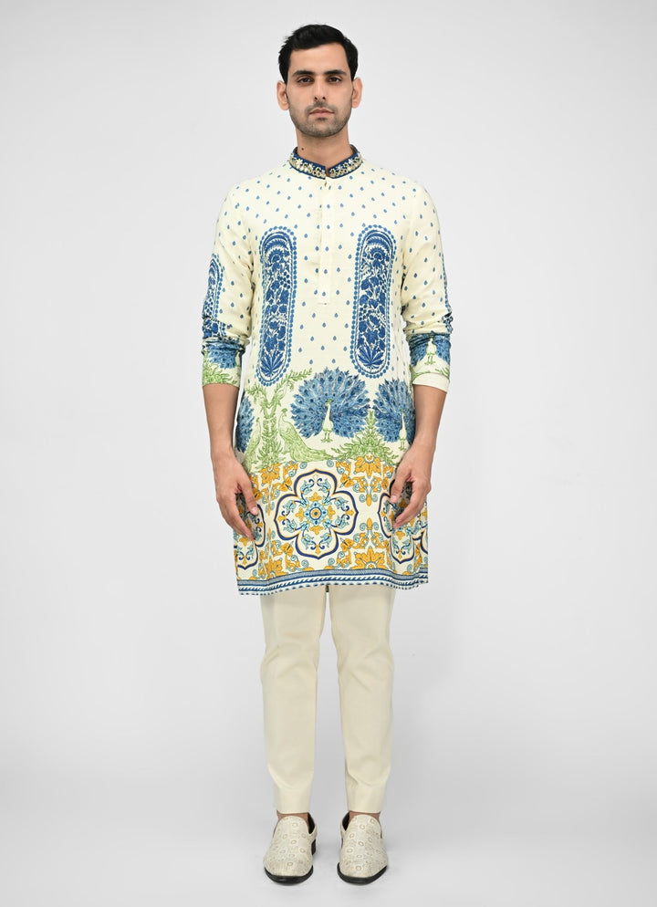Ivory Printed Silk Kurta Juhi Bengani - Men - Fabilicious Fashion