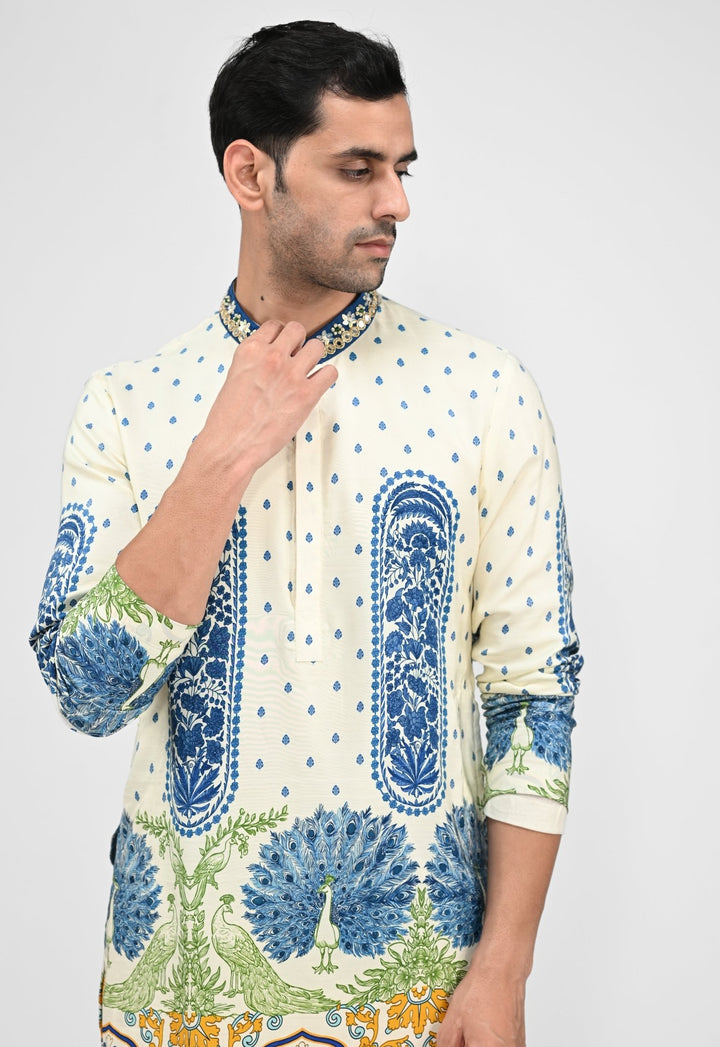 Ivory Printed Silk Kurta Juhi Bengani - Men - Fabilicious Fashion