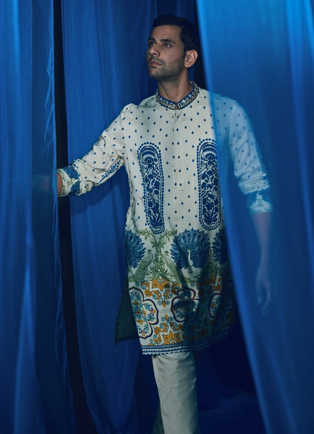 Ivory Printed Silk Kurta Juhi Bengani - Men - Fabilicious Fashion