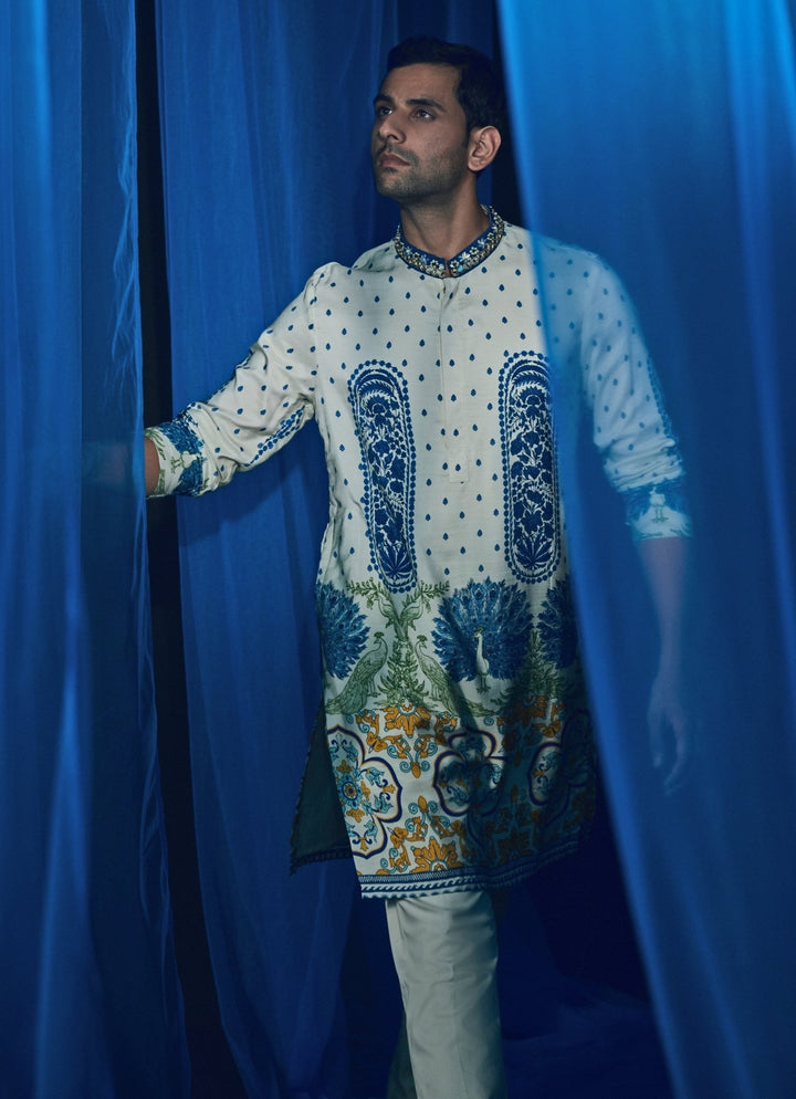 Ivory Printed Silk Kurta Juhi Bengani - Men - Fabilicious Fashion