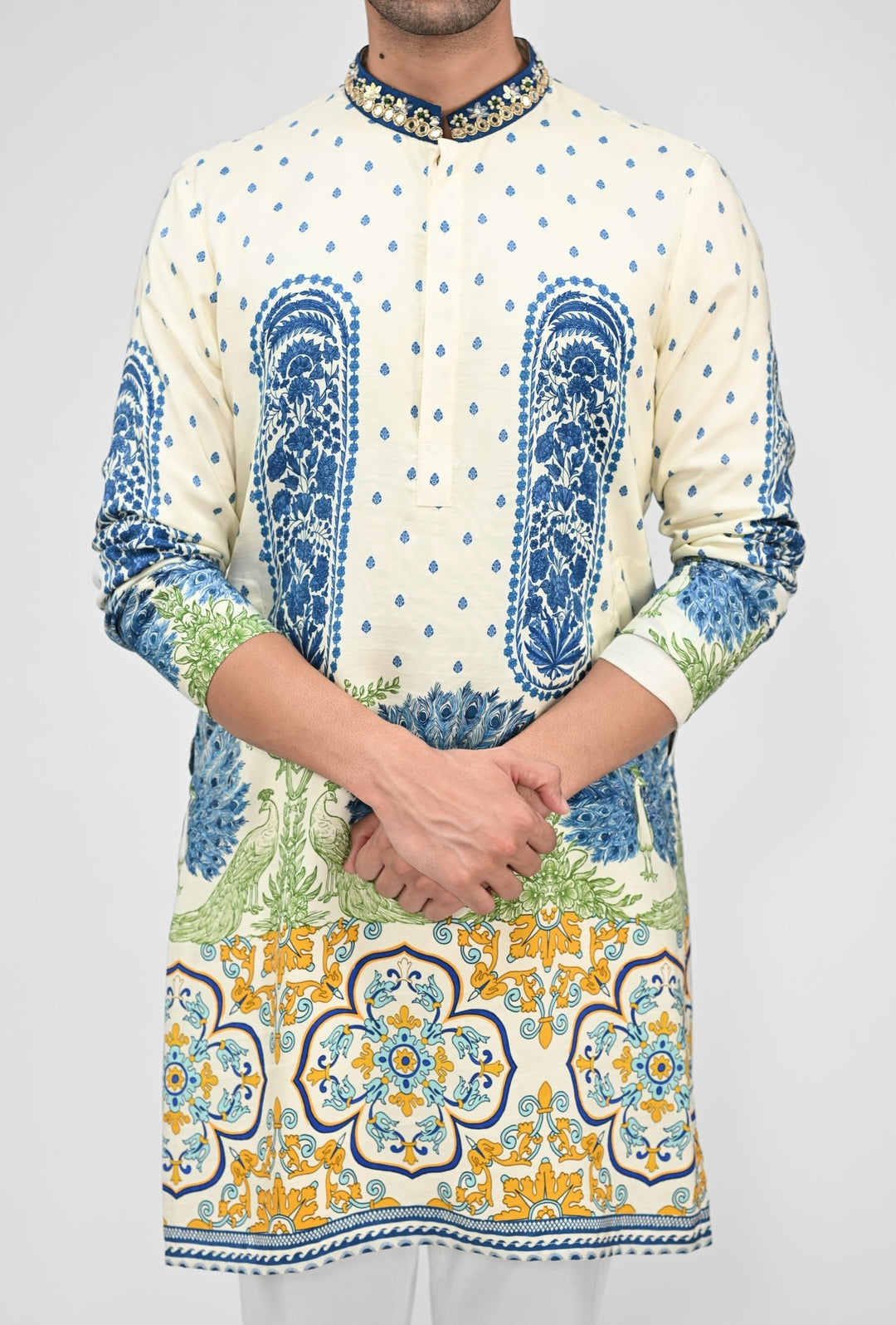Ivory Printed Silk Kurta Juhi Bengani - Men - Fabilicious Fashion