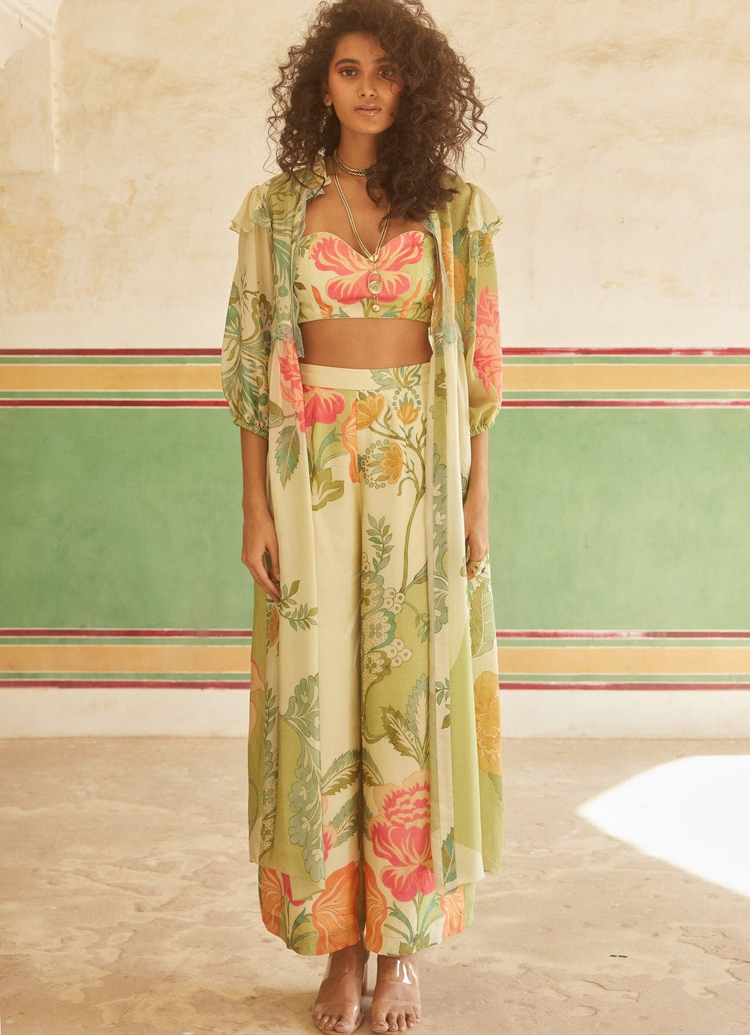 Ivory Printed Silk Pant Set With Jacket Paulmi and Harsh - Fabilicious Fashion