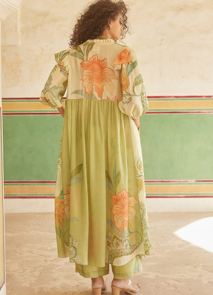 Ivory Printed Silk Pant Set With Jacket Paulmi and Harsh - Fabilicious Fashion