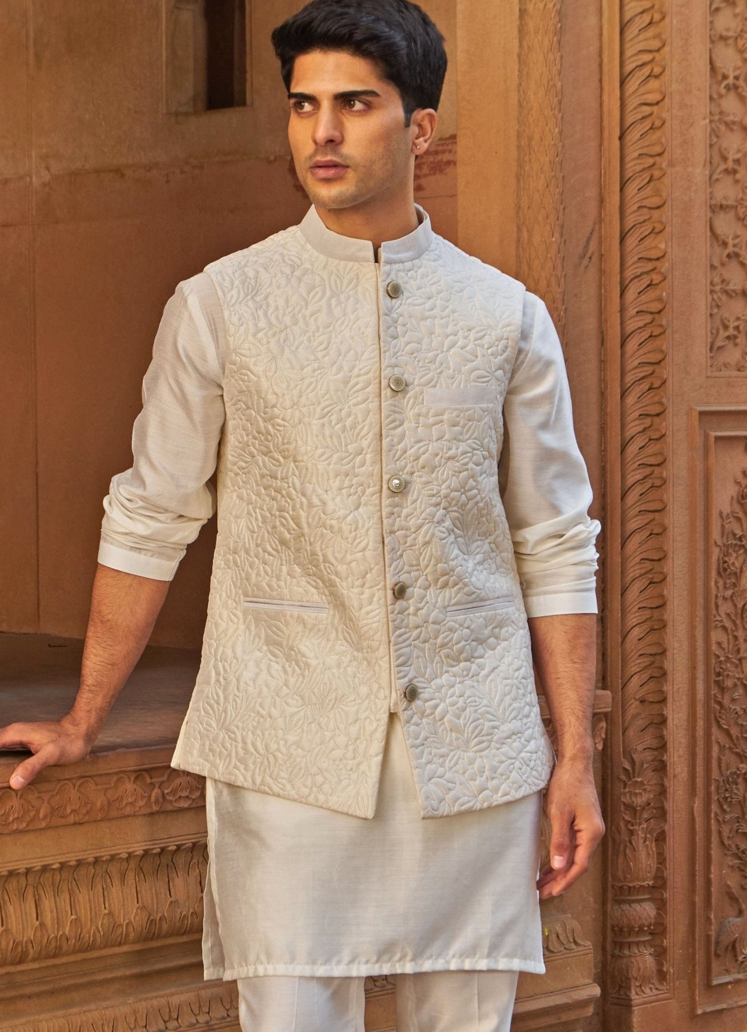 Ivory quilted bundi for men — slim structured kurta jacket for body type