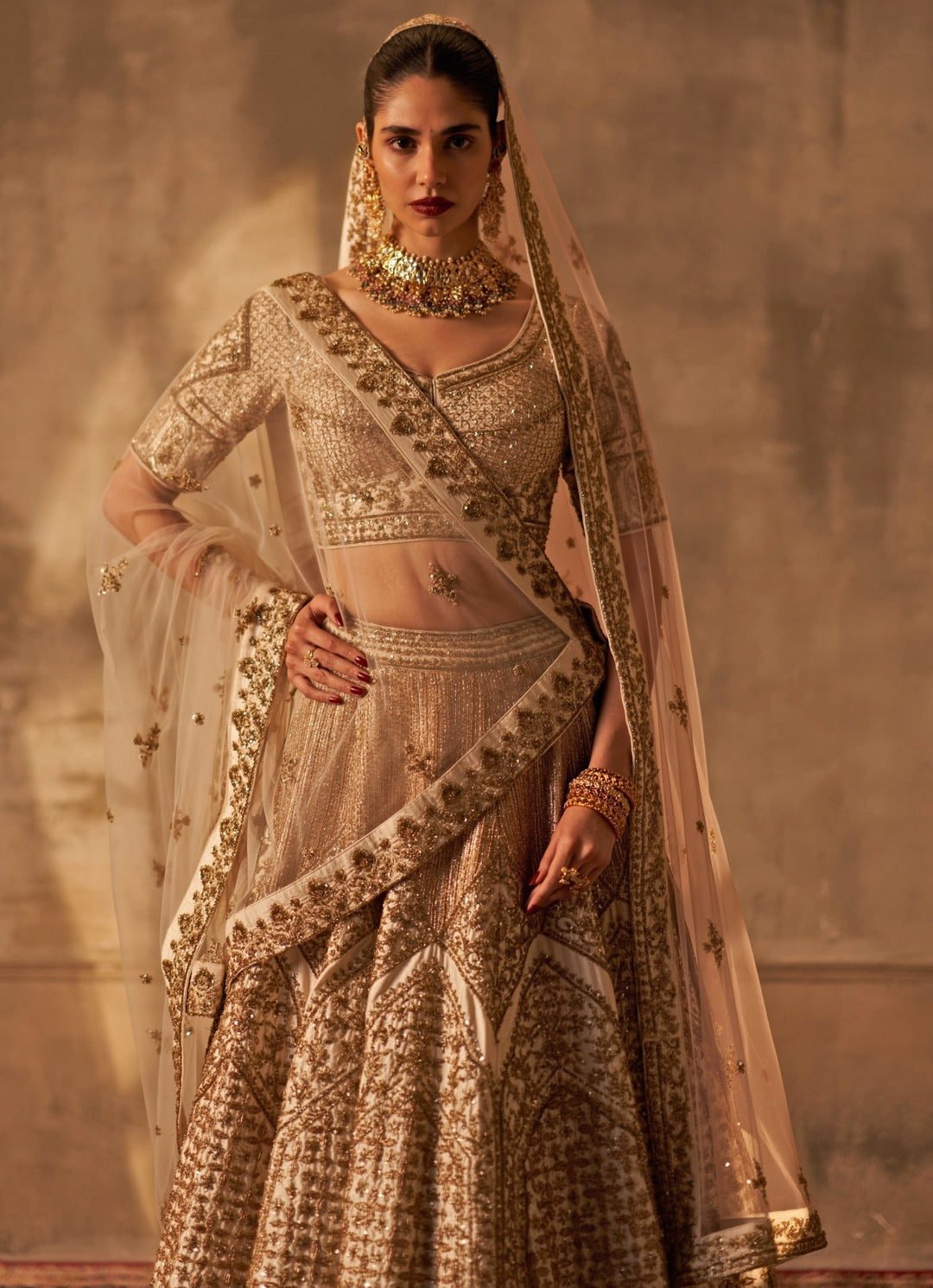 Ivory Raw Silk Double Dupatta Bridal Lehenga Set Angad Singh - Fabilicious Fashion