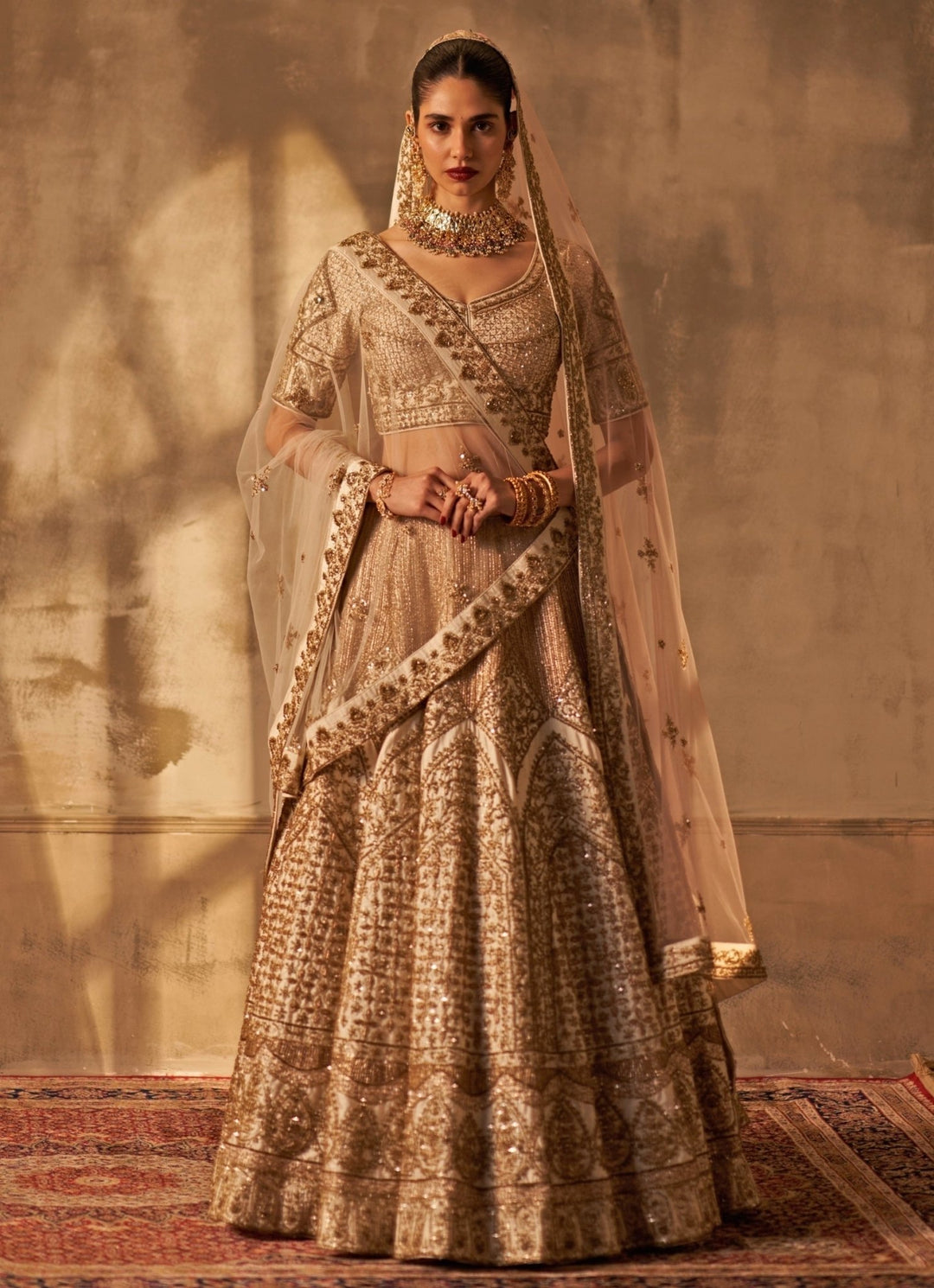 Ivory Raw Silk Double Dupatta Bridal Lehenga Set Angad Singh - Fabilicious Fashion