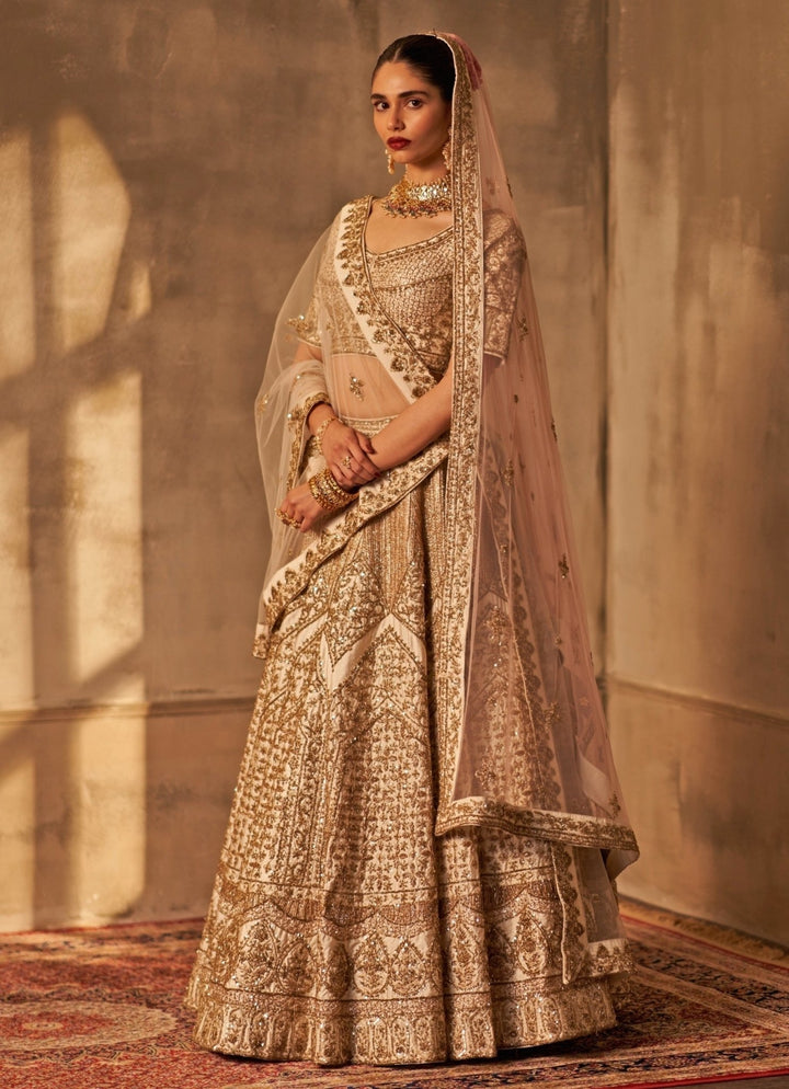 Ivory Raw Silk Double Dupatta Bridal Lehenga Set Angad Singh - Fabilicious Fashion