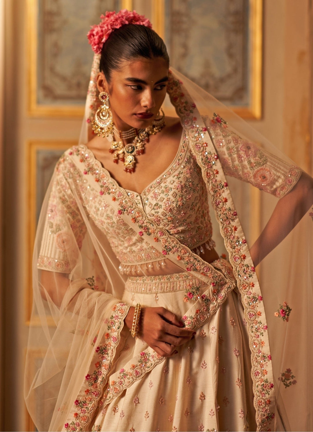 Ivory Raw Silk Double Dupatta Lehenga Set Angad Singh - Fabilicious Fashion