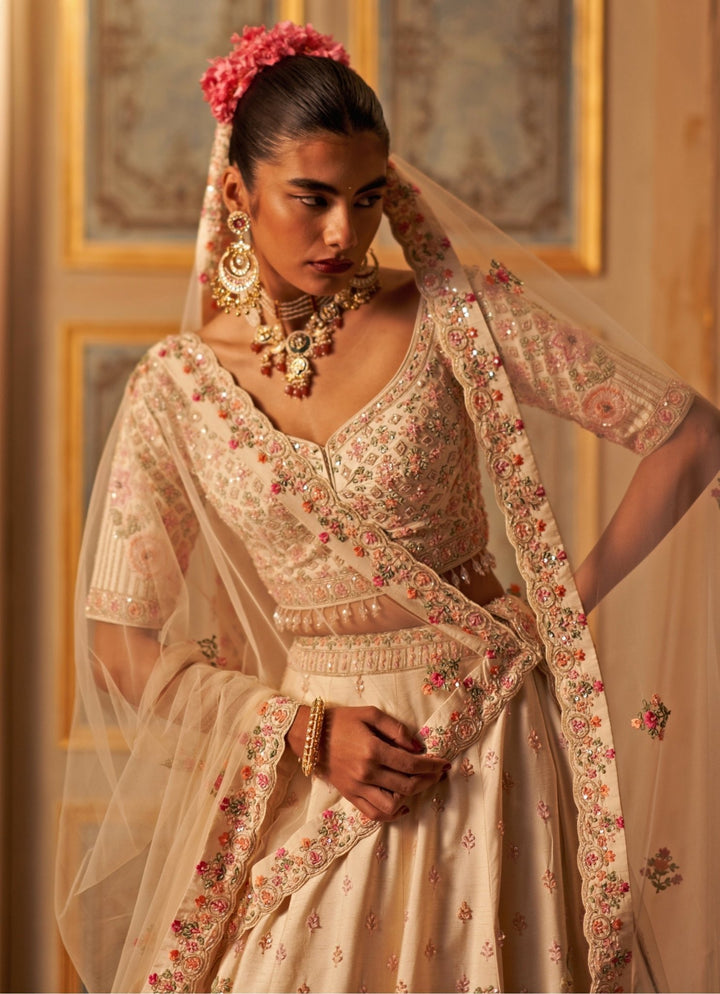 Ivory Raw Silk Double Dupatta Lehenga Set Angad Singh - Fabilicious Fashion
