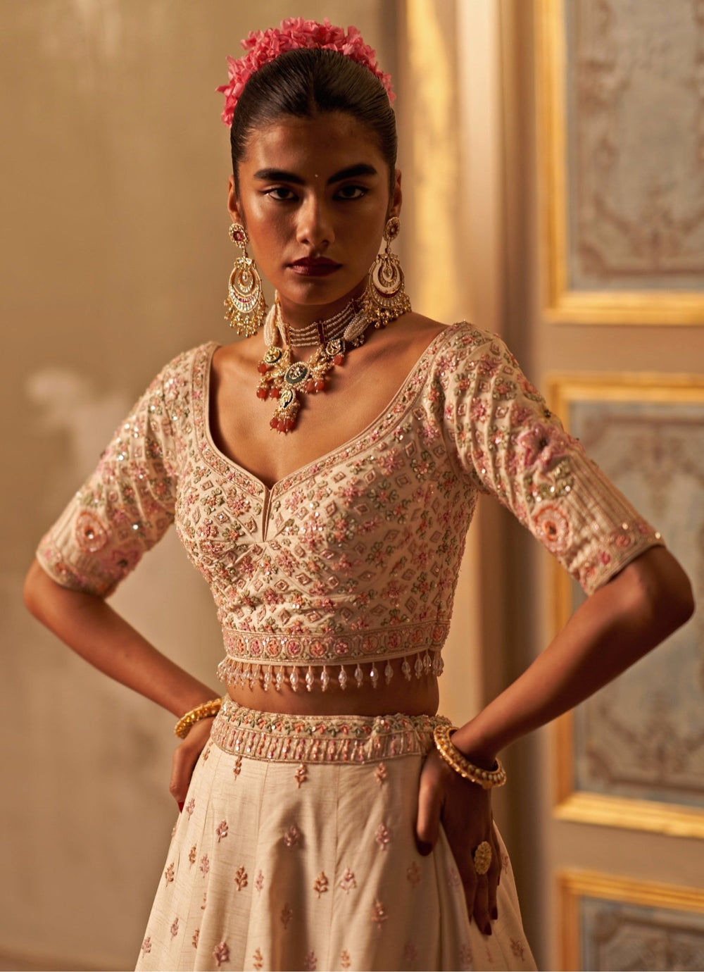 Ivory Raw Silk Double Dupatta Lehenga Set Angad Singh - Fabilicious Fashion