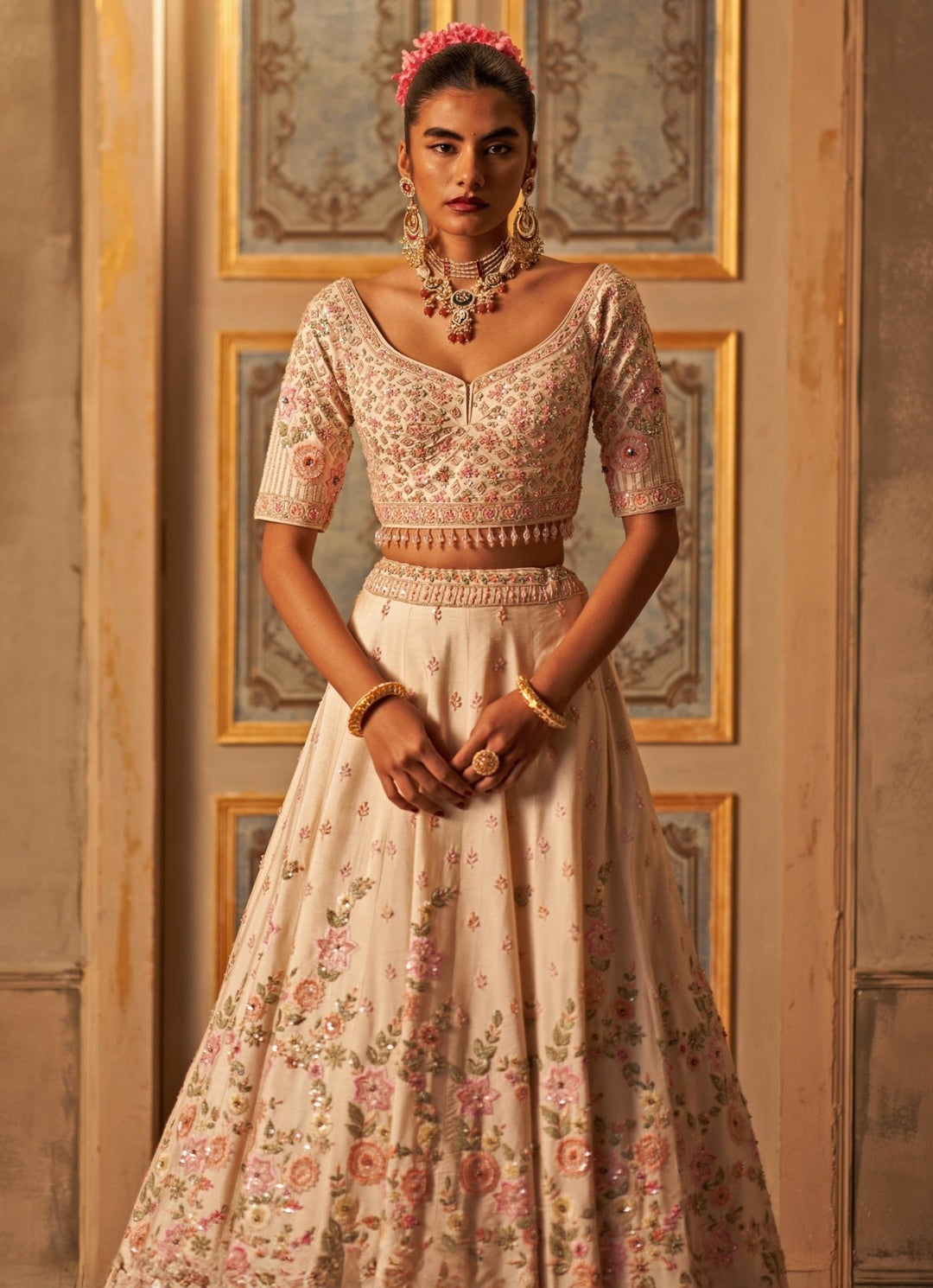 Ivory Raw Silk Double Dupatta Lehenga Set Angad Singh - Fabilicious Fashion