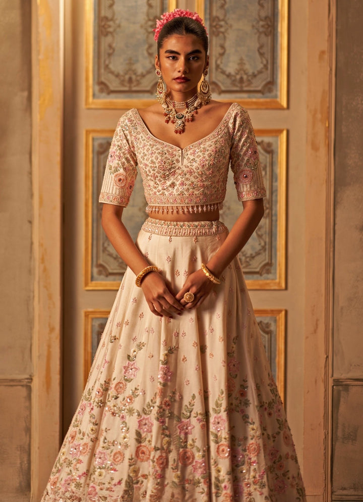 Ivory Raw Silk Double Dupatta Lehenga Set Angad Singh - Fabilicious Fashion