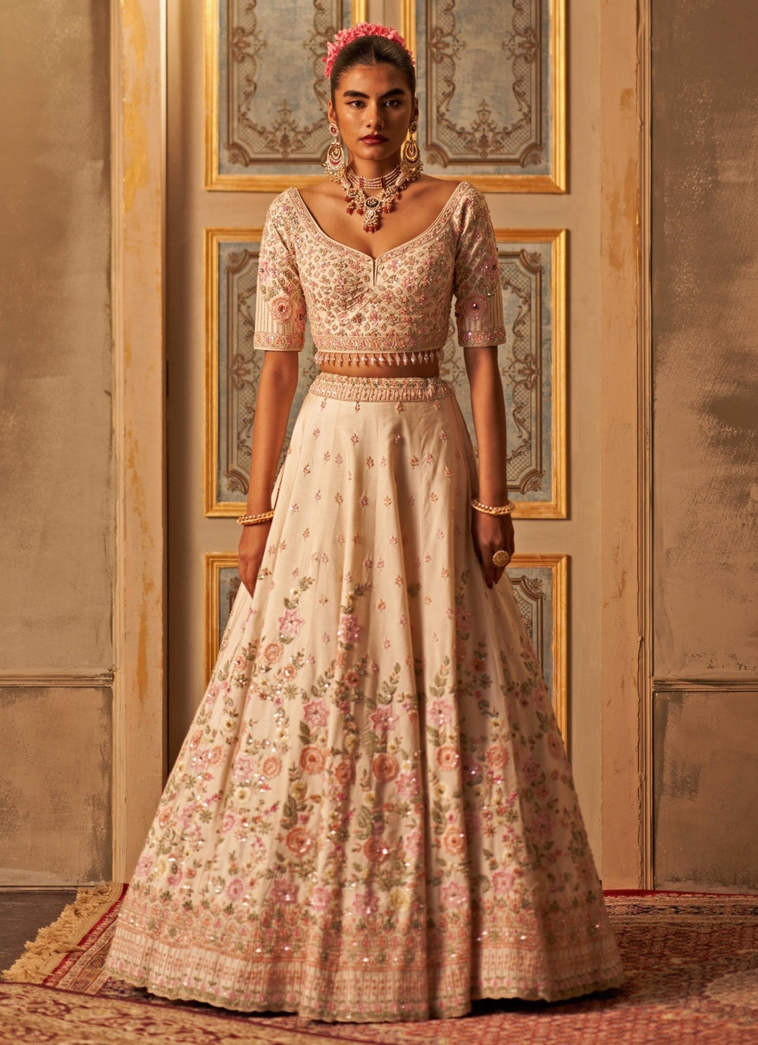 Ivory Raw Silk Double Dupatta Lehenga Set Angad Singh - Fabilicious Fashion