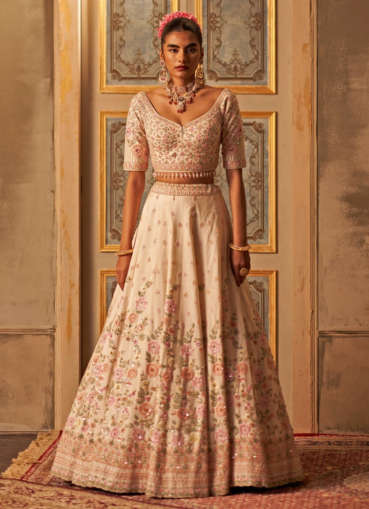 Ivory Raw Silk Double Dupatta Lehenga Set Angad Singh - Fabilicious Fashion