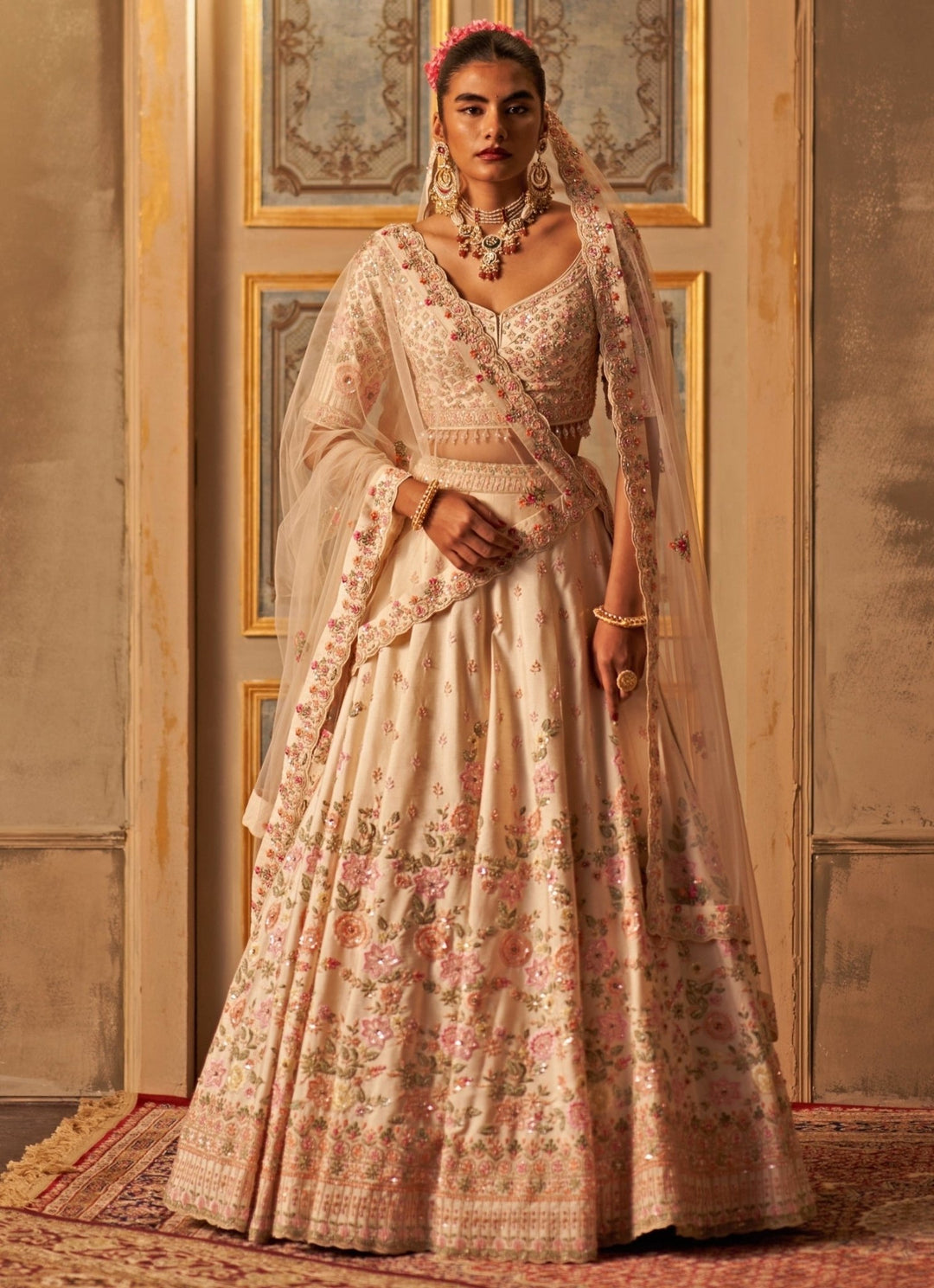Ivory Raw Silk Double Dupatta Lehenga Set Angad Singh - Fabilicious Fashion