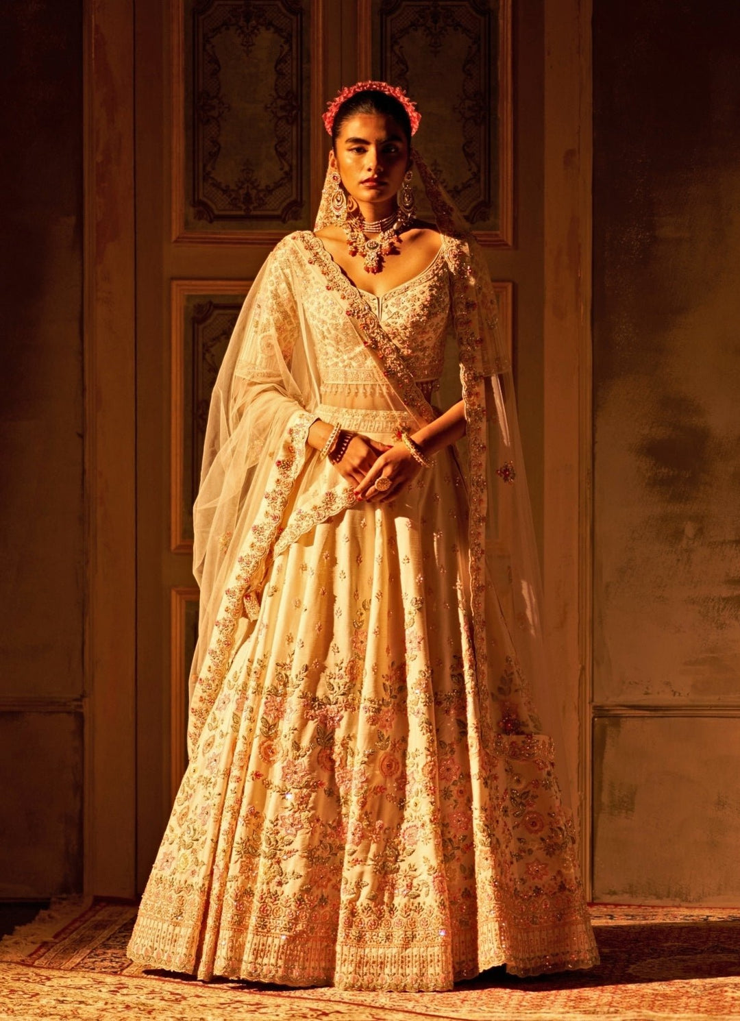 Ivory Raw Silk Double Dupatta Lehenga Set Angad Singh - Fabilicious Fashion