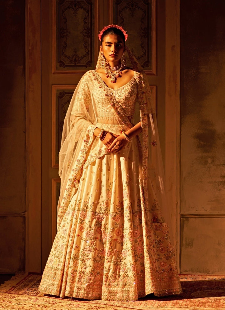 Ivory Raw Silk Double Dupatta Lehenga Set Angad Singh - Fabilicious Fashion