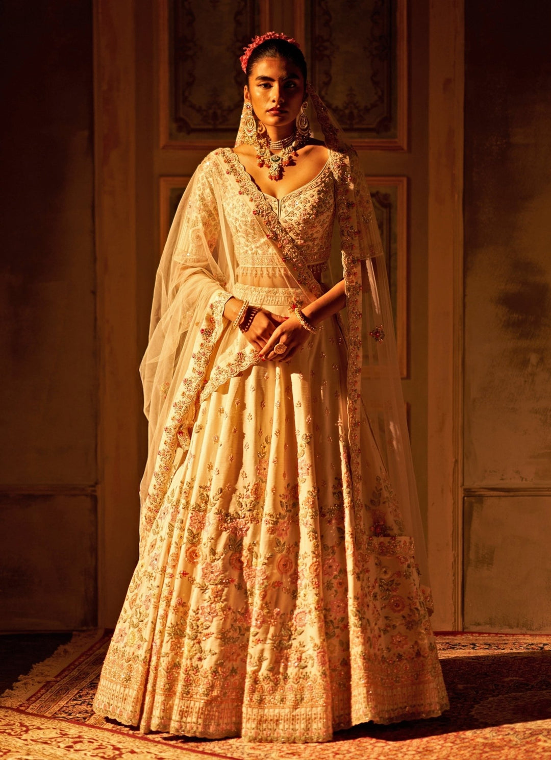 Ivory Raw Silk Double Dupatta Lehenga Set Angad Singh - Fabilicious Fashion