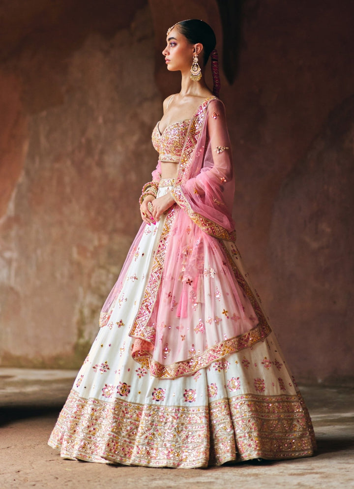 Ivory Raw Silk Embroidered Lehenga Set Angad Singh - Fabilicious Fashion