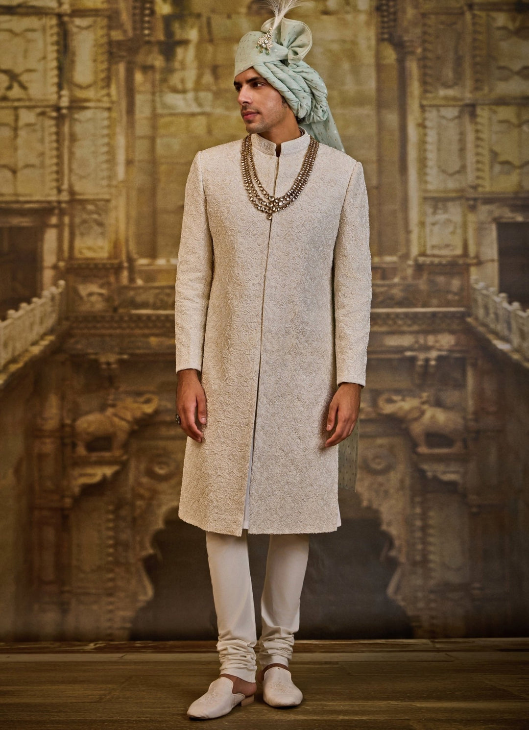 Ivory Raw Silk Sherwani Set Nitika Gujral - Men - Fabilicious Fashion