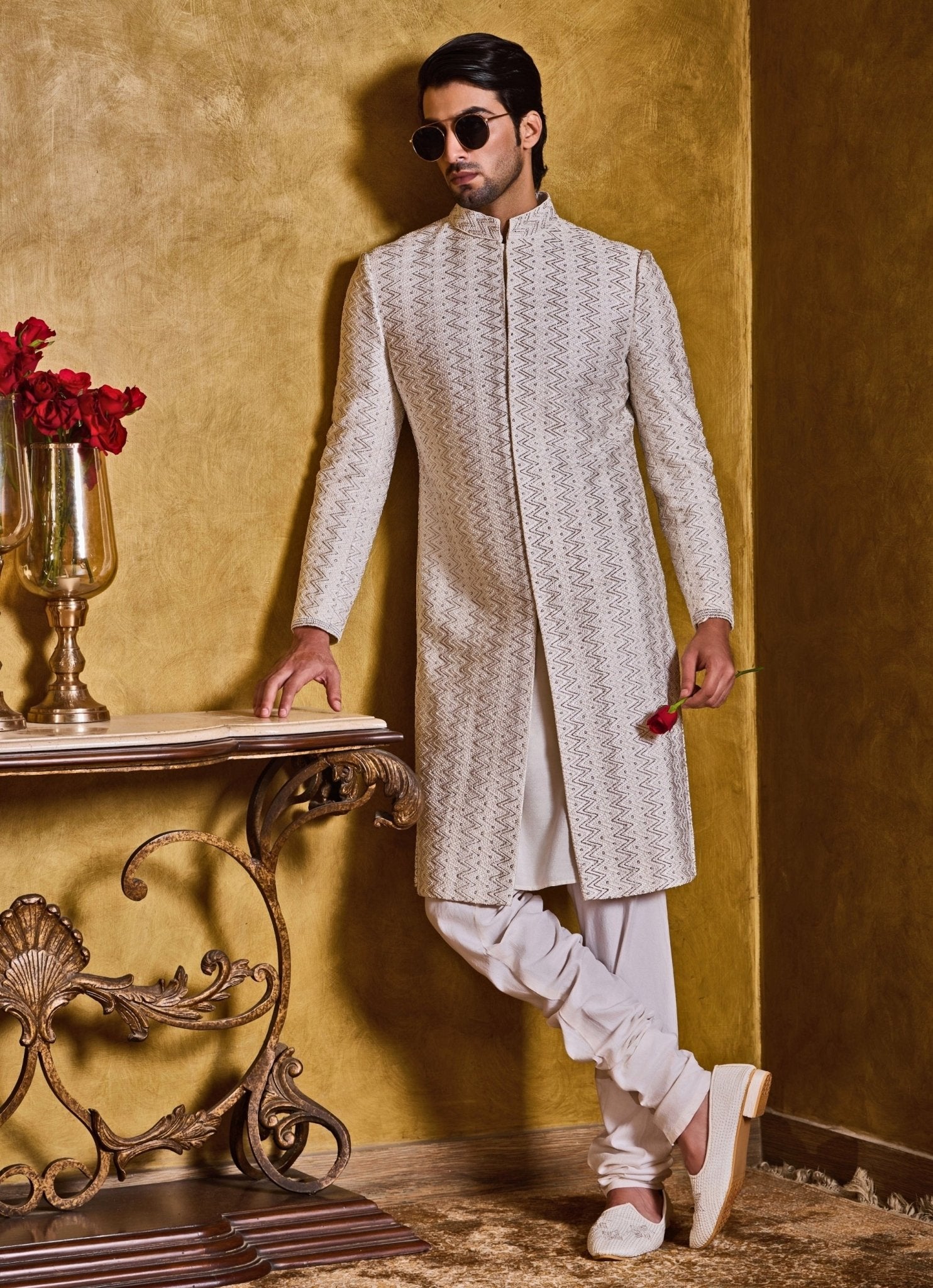 Ivory sherwani for groom or wedding reception