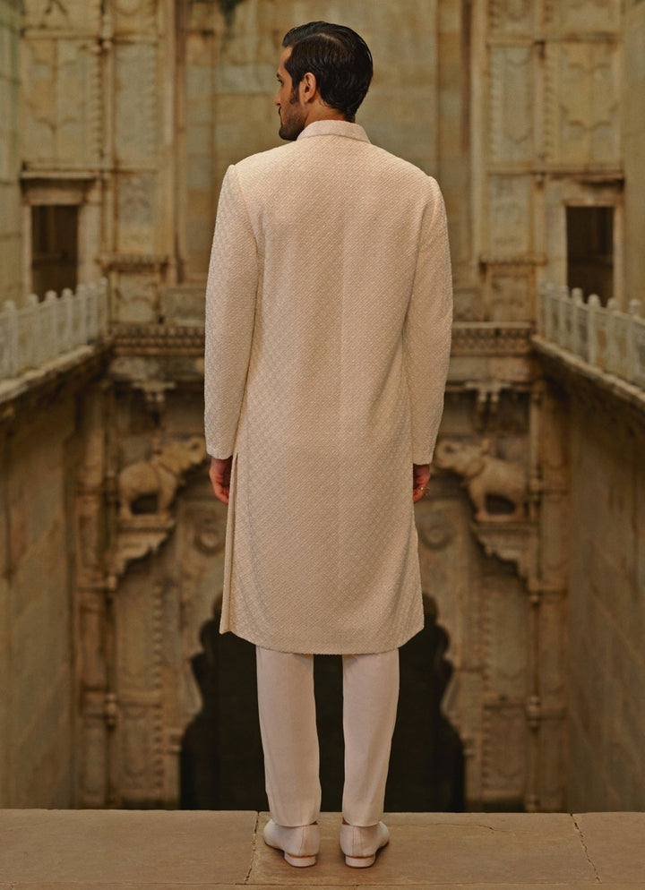 Ivory Raw Silk Sherwani Set Nitika Gujral - Men - Fabilicious Fashion