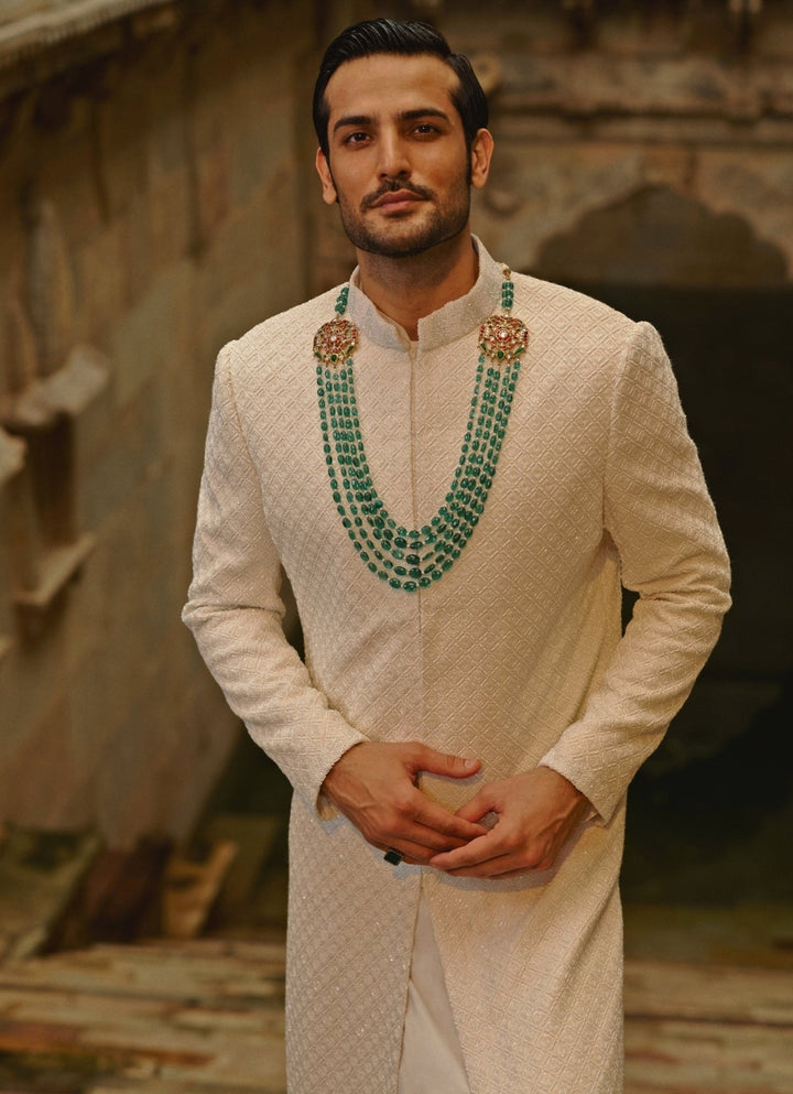 Ivory Raw Silk Sherwani Set Nitika Gujral - Men - Fabilicious Fashion