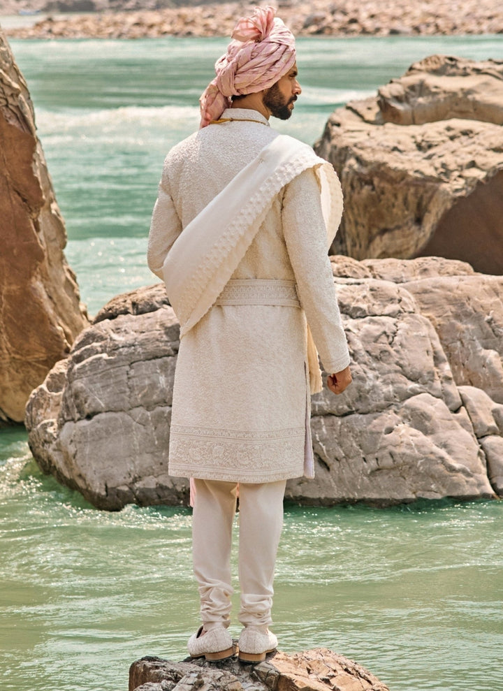 Nitika Gujral - Men Ivory Raw Silk Sherwani SetFabilicious Fashion